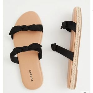 Black Faux Suede Dual Bow Strap Espadrille Slide